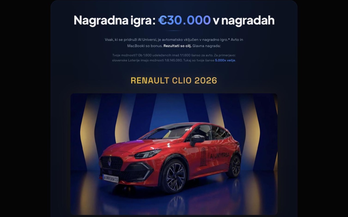 AI Universa giveaway page: 30,000 EUR in prizes with a brand new Renault Clio 2026 as the grand prize