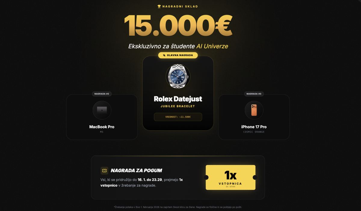 AI Universa prize pool screen: 15,000 EUR pool with a Rolex Datejust, MacBook Pro and iPhone 17 Pro
